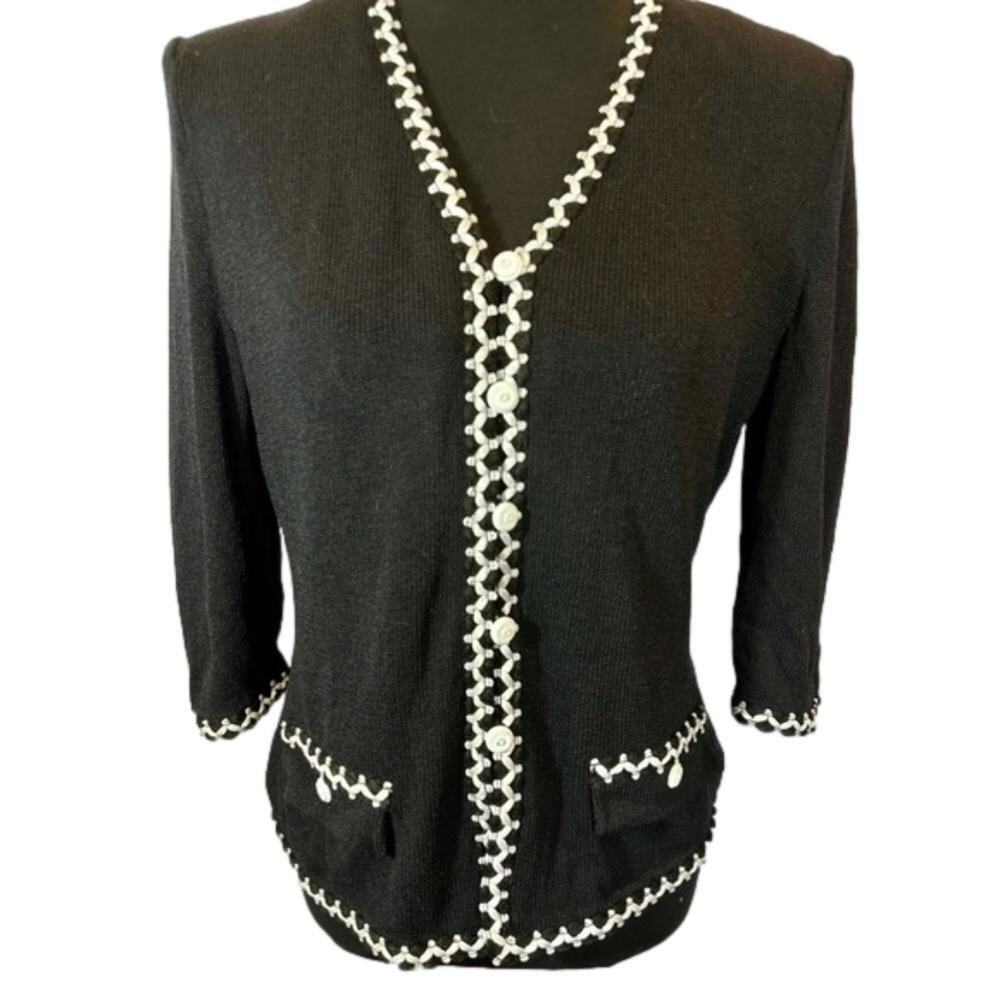 St John Marie Gray Black Knit Cardigan with Contrast Trim